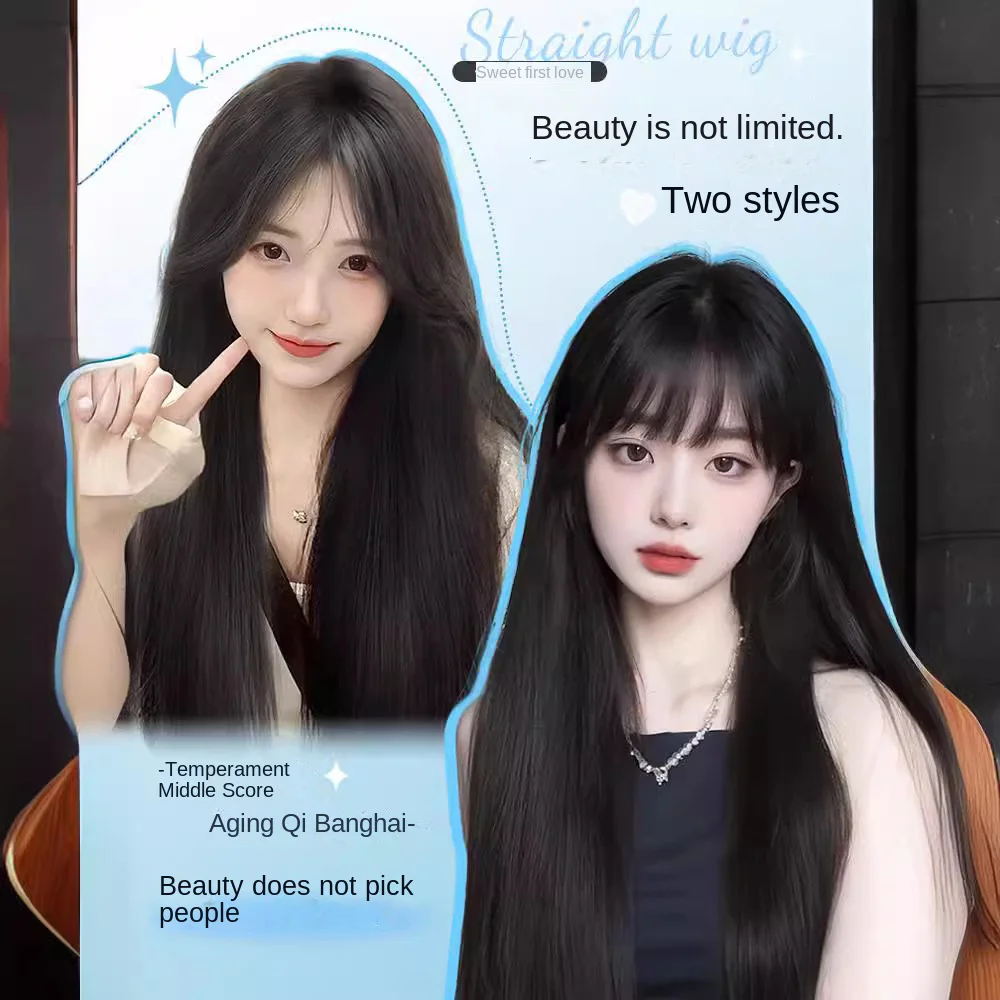 1PC Black Synthetic Wig Long Straight Bangs Natural Hair Cosplay Party Halloween Wig For Women Heat Resistant Full Head Cover image 3