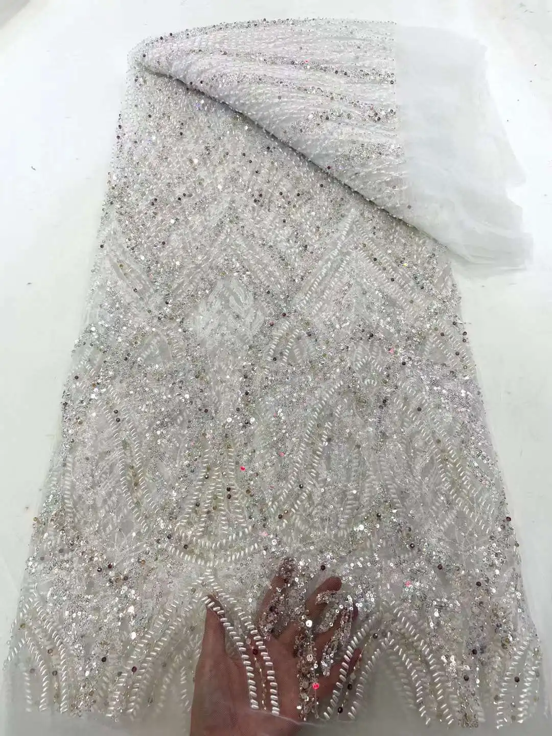 

Luxury High-end Long Tube Rice Bead Lace Fabrics for Wedding Dresses Luxury Hand Crystal Beads and sequin Tulle Mesh Material WS