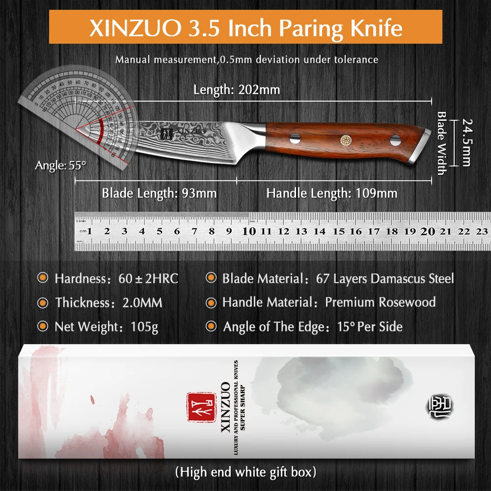 XINZUO Brand 3.5\'\' Inch Paring Kitchen Knife Handmade Damascus Steel Rosewood Handle Japanese Carved Peeling Knife Kitchen Tools