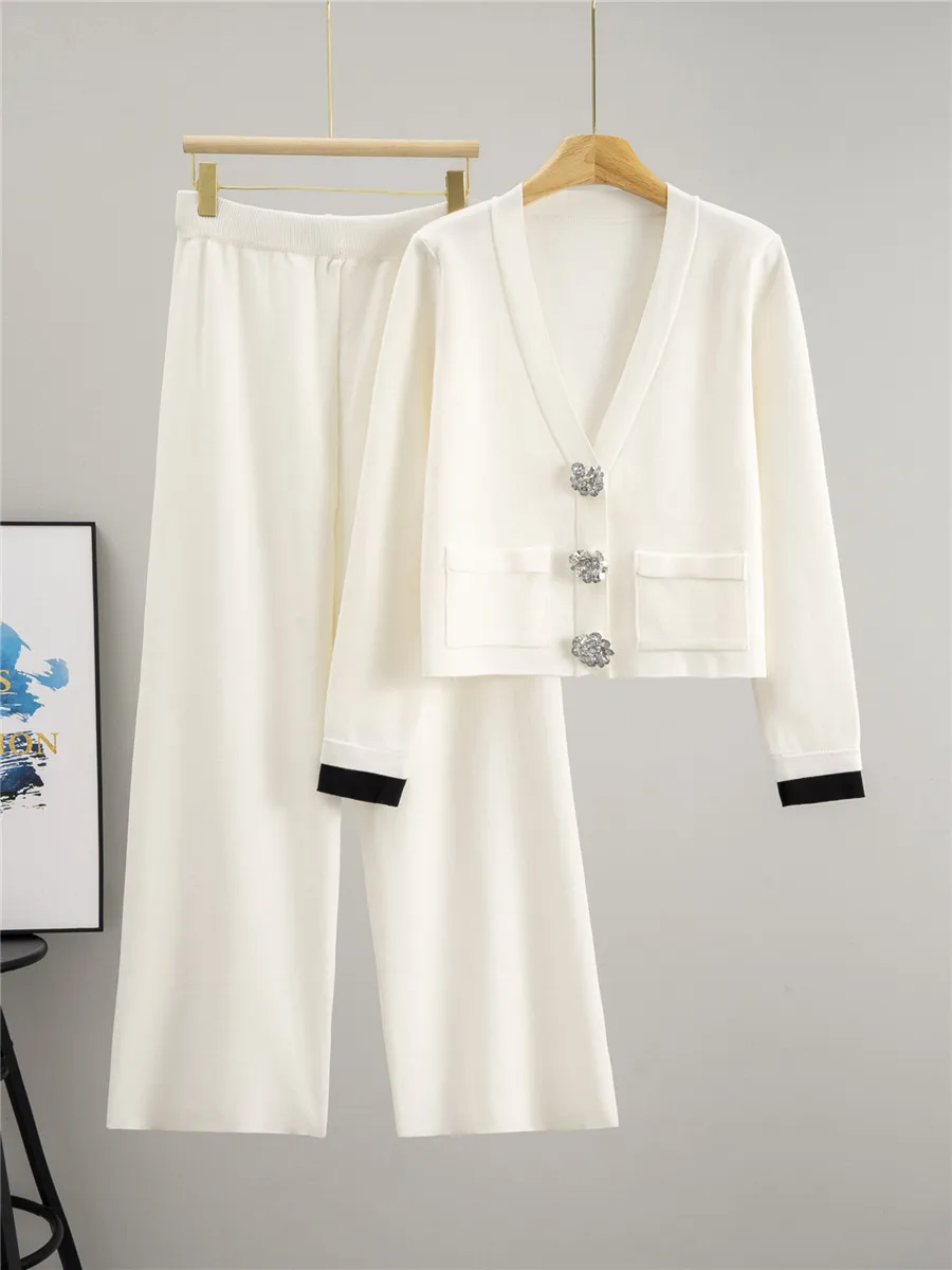 الكورية تصميم محبوك 2 قطعة مجموعات النساء زر كبير الخامس الرقبة طويلة الأكمام سترة القمم Conjuntos عالية الخصر بنطال ذو قصة أرجل واسعة الزي