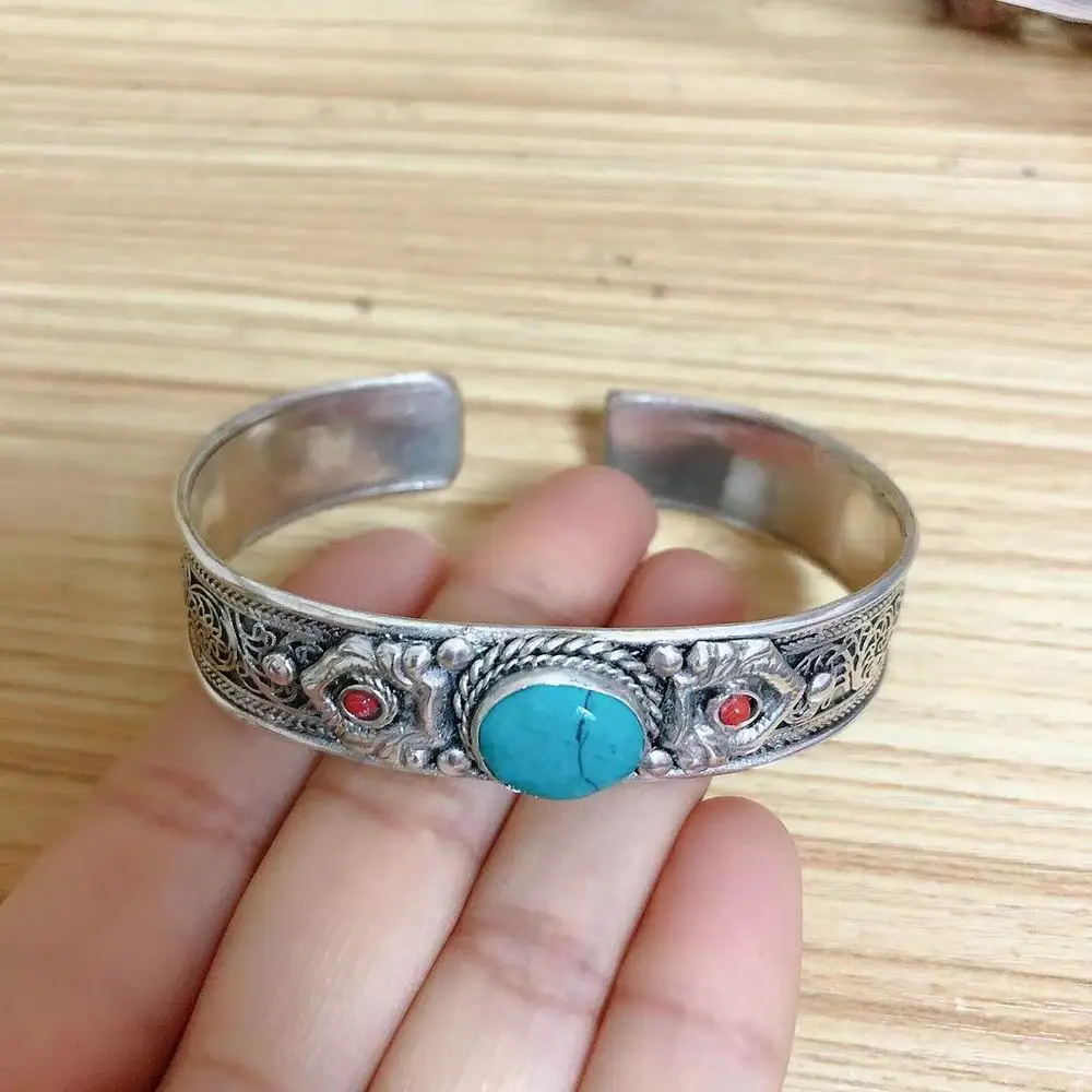 BR488 Ethnic Tibetan Silver Inlaid Turquoises Stone Filigree 14mm Open Back Women Cuff Bracelet