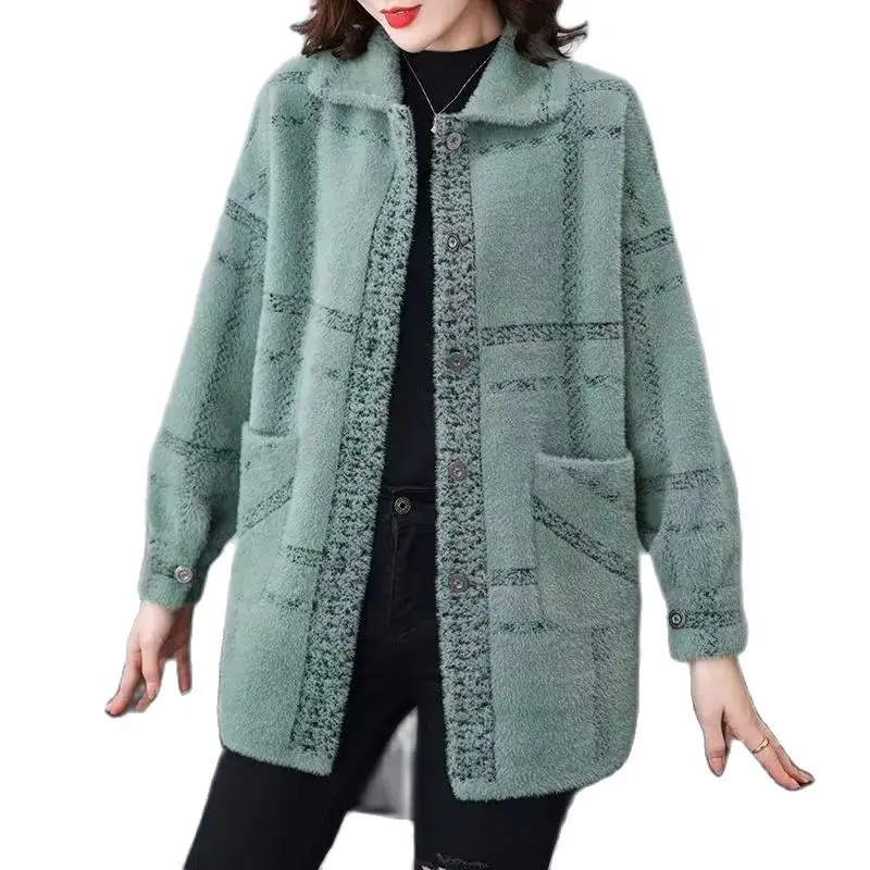 

6XL Fashion Imitation Mink Velvet Overcoat Elegant Women Autumn Winter Jacket High-Quality Double-faced Velvet Knitted Coat 2022