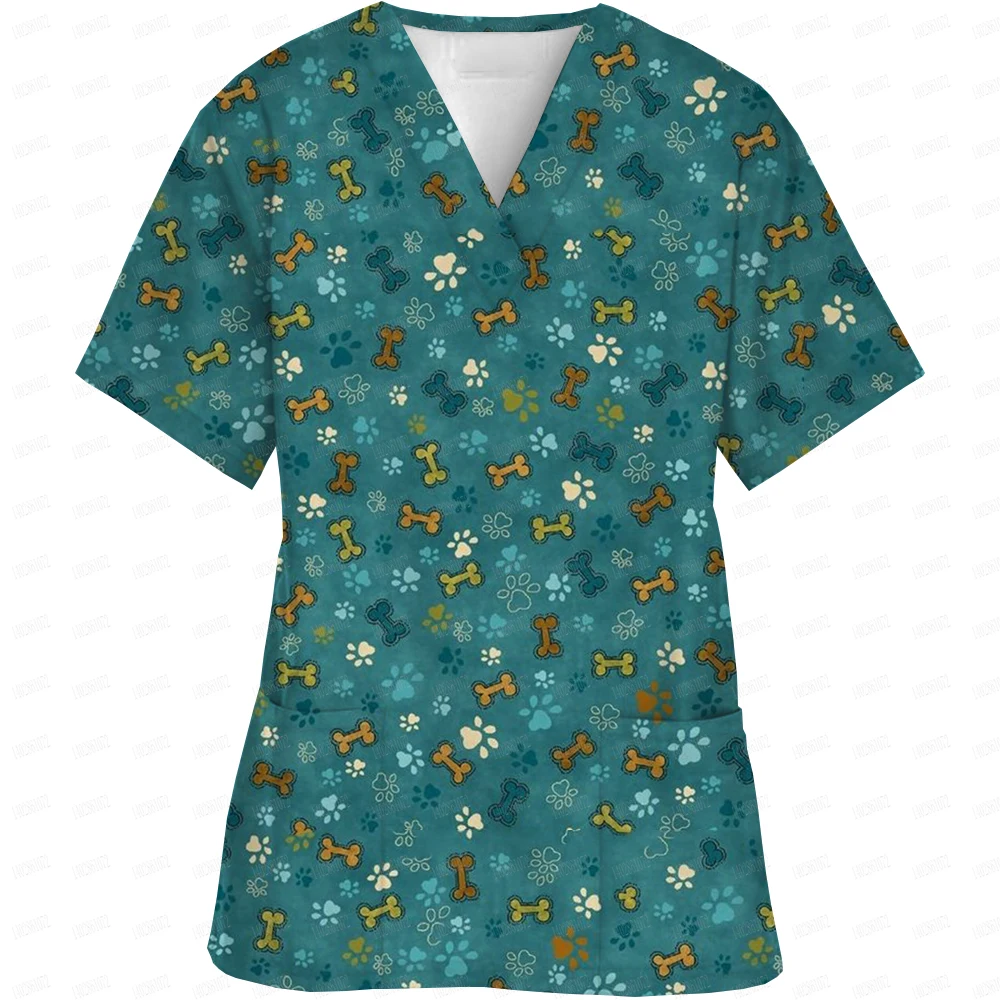 Women Nurse Uniform Dog cartoon print Tops V-Neck Pocket Medical Uniforms Nursing Scrubs Tops Working Clothes uniforme enfermera