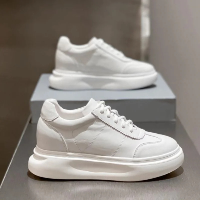New Women leather elevator shoes 5cm invisible height increase white sneakers leather height increase casual shoes 35-40