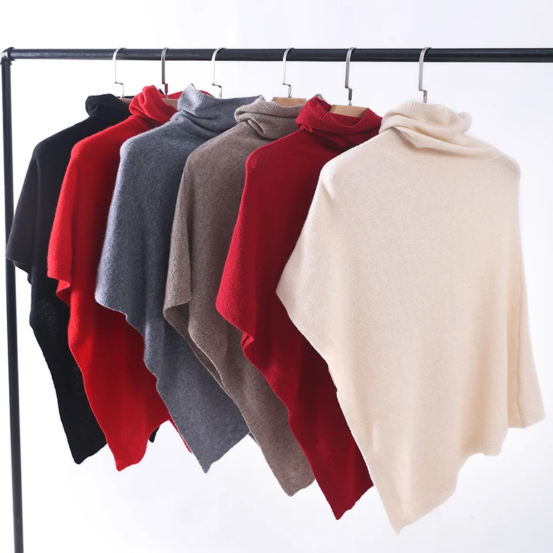 Turtleneck Cashmere Poncho Pullover Shawls 100%Wool Knitted Irregular Cloak Fashion Soft Warm Wollen Bat Sleeve Loose Pullovers