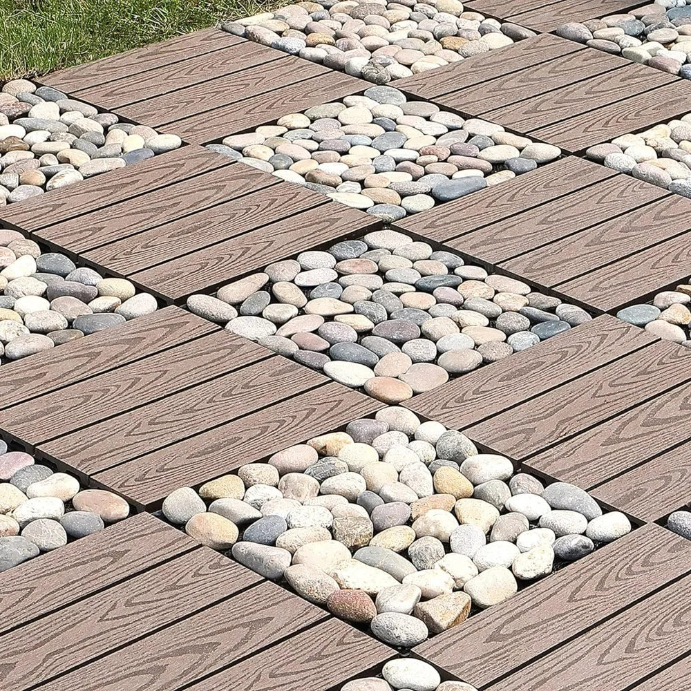 Pebble Interlocking Floor Deck Tiles Polished Real Stone Tile Indoor Outdoor Use 12”x12” (4Pcs Prefabricated House Housing Shed