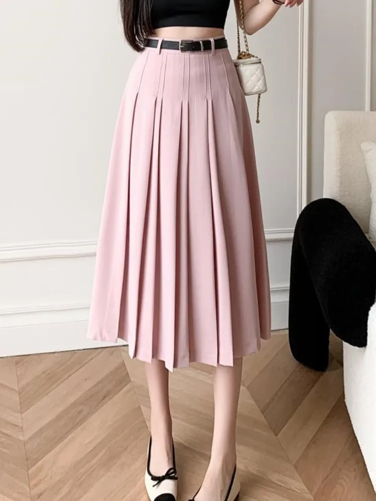 High Waist Women's Pleated Skirts with Belted 2023 New Spring Summer Pink Korean Style Umbrella Mi-long Skirts