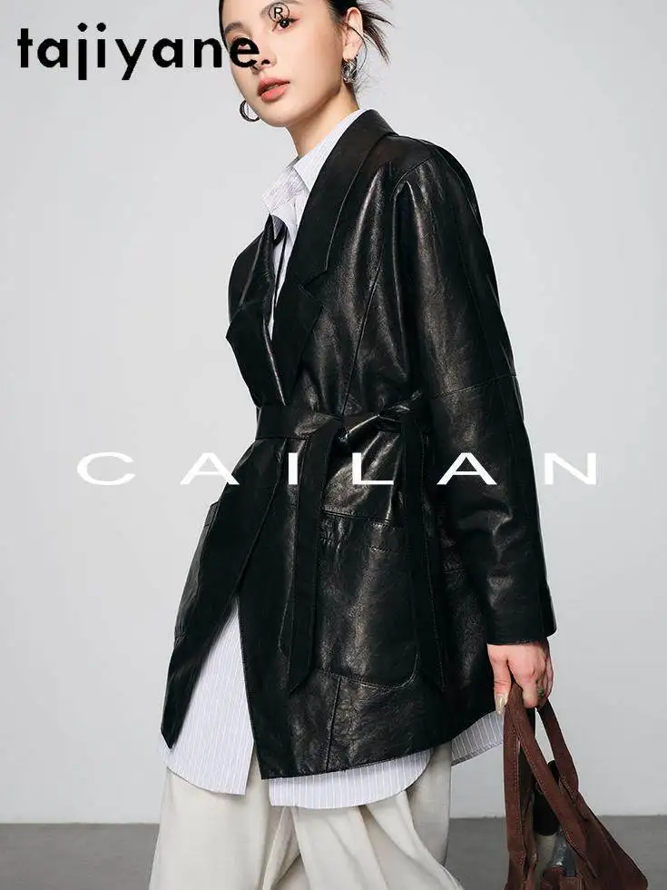 TAJIYANE Giacca in Vera Pelle di Capra Cerata a Olio, Lunghezza Media, Cappotto alla Moda con Cintura, Abbigliamento Autunno 2025, Дубленка