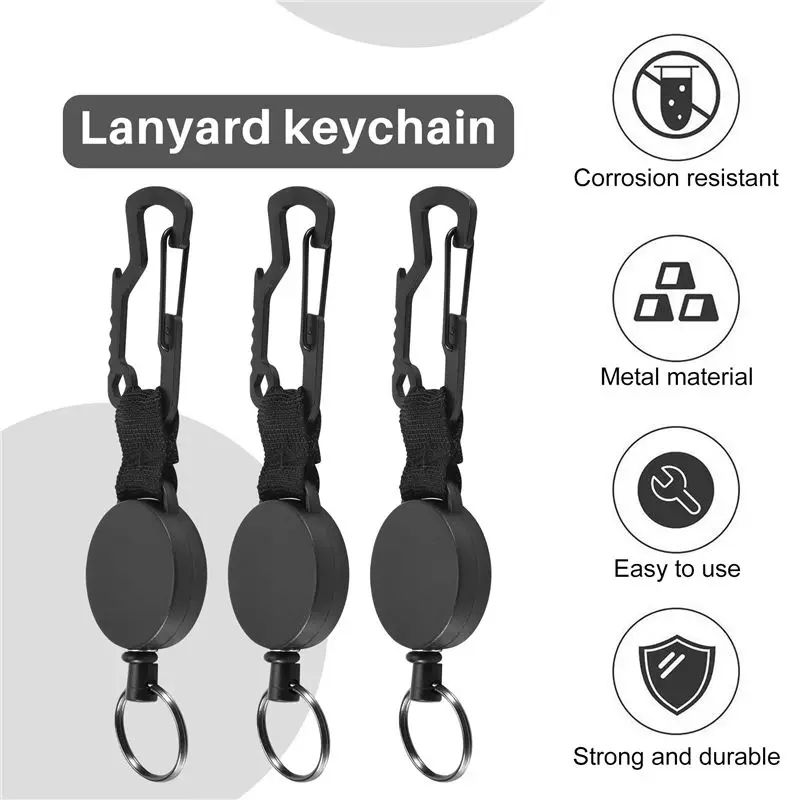 A98Z 3 Pack Retractable Keychain - Heavy Duty Badge Holder Reel With Multitool Carabiner Clip,Key Ring With Steel Wire Cord Up T
