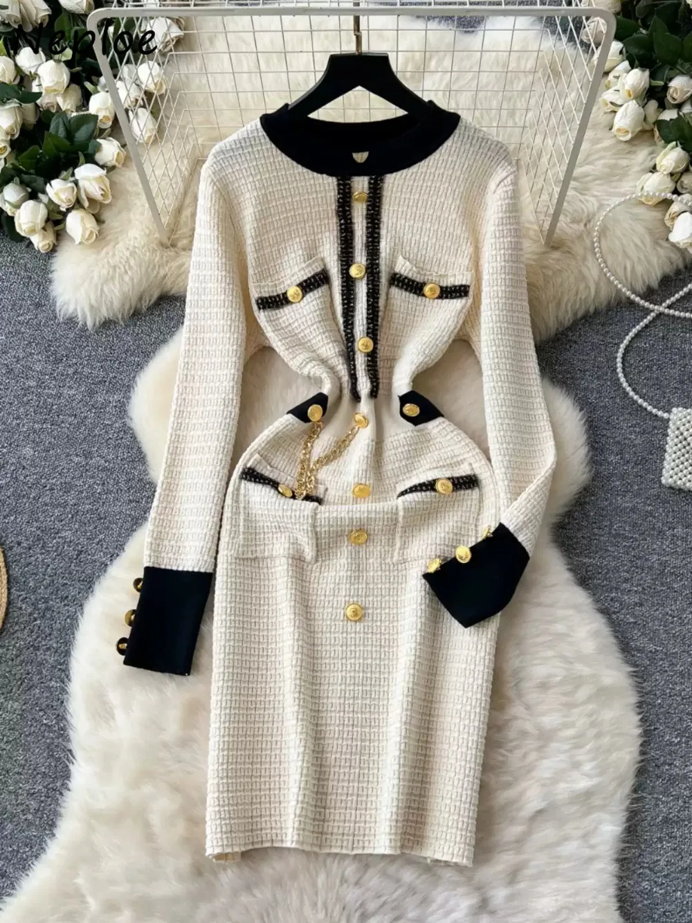 Neploe High Waist Korea French Style Elegant Moda Robe Panelled Chain Celebrity Minority Mujer Small Fragrance Slim Fit Dresses