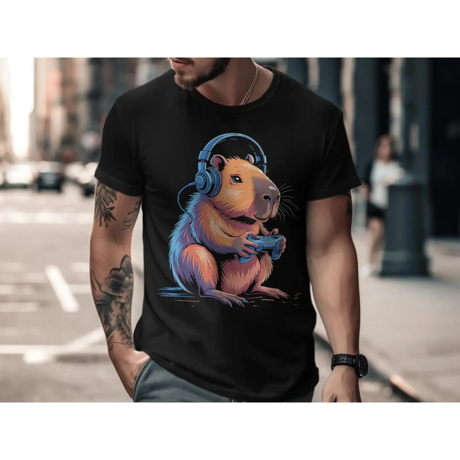 Camiseta de diseño de capibara gamer divertido con clipart de capibara, estilo vintage lavado, unisex, para sublimación y Cricut, descarga PNG