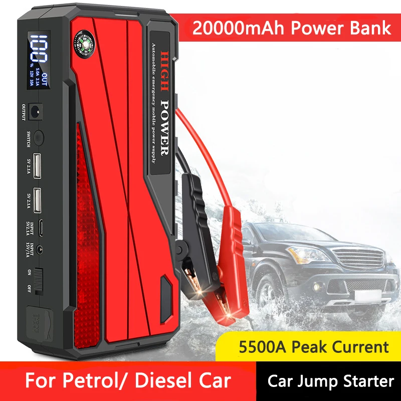 Power Bank for Mobile Phone iPad Car Jump Starter with Tire Pump 12V Car Booster Starting Device for Diesel Petrol Car 20000mAh