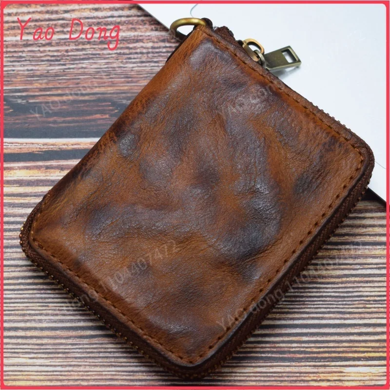 Yao Dong-cartera Vintage de cuero genuino con cremallera para hombre, monedero corto, tarjeteros multifunción, billetera de dinero de lujo para hombre