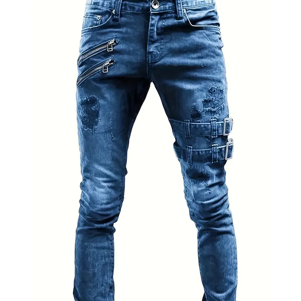 

2023 Men's personality elastic solid color ripped slim jeans high quality men's skinny chic jeans for four seasons men's pants