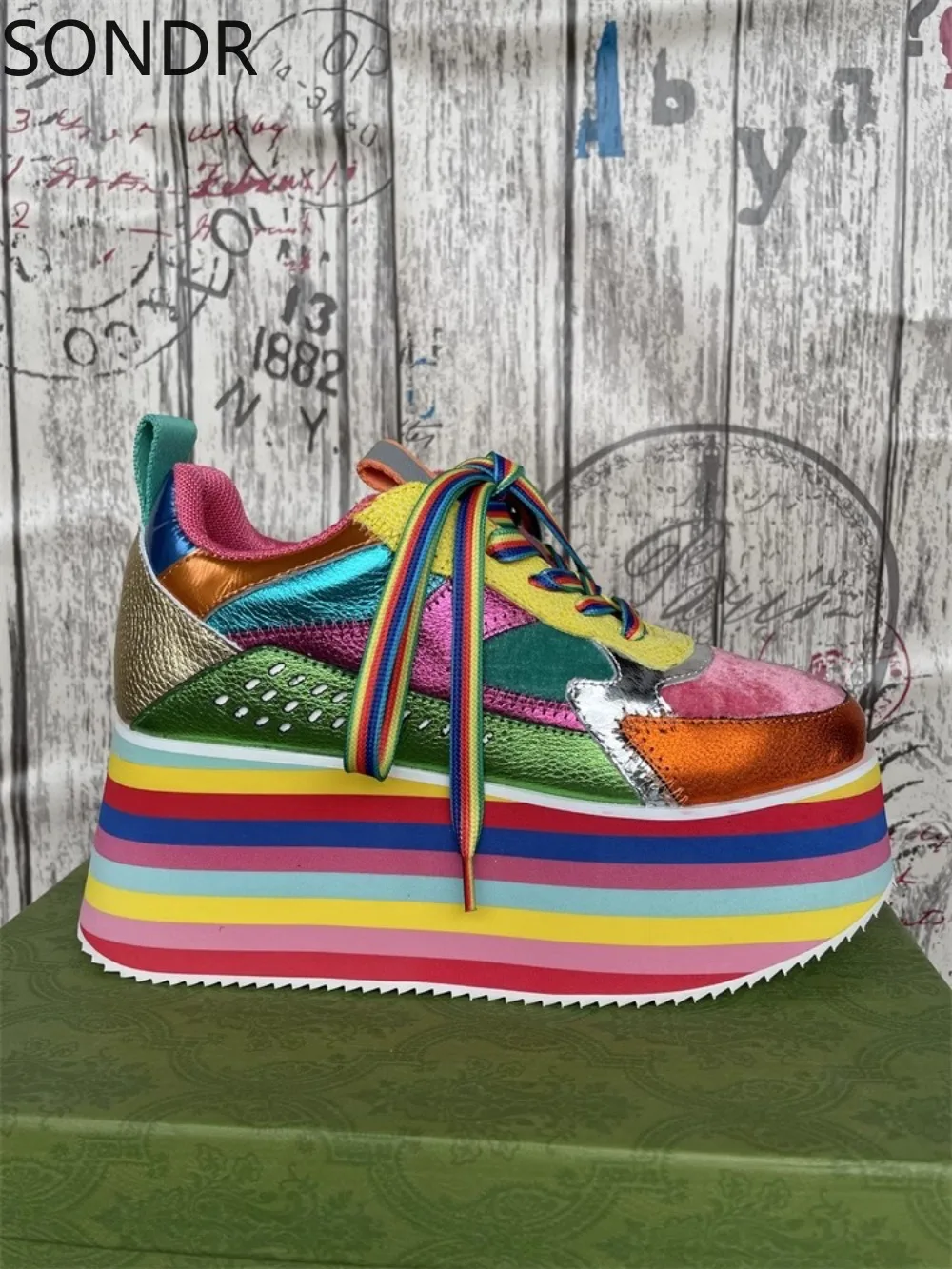 Womens Genuine Leather Sneakers Rainbow Colors Shoes Platform High Heel Casual Luxury New 2024