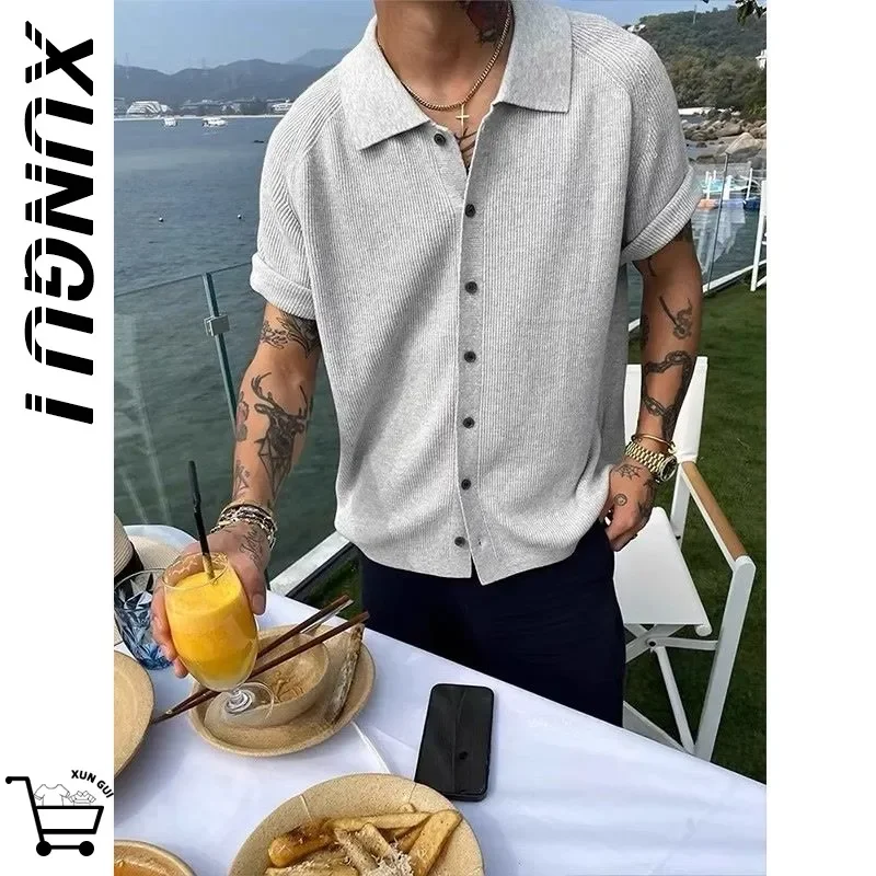 

Men's Light Grey Ribbed Knit Polo Shirt Short Sleeve Button Down Casual Summer Shirt