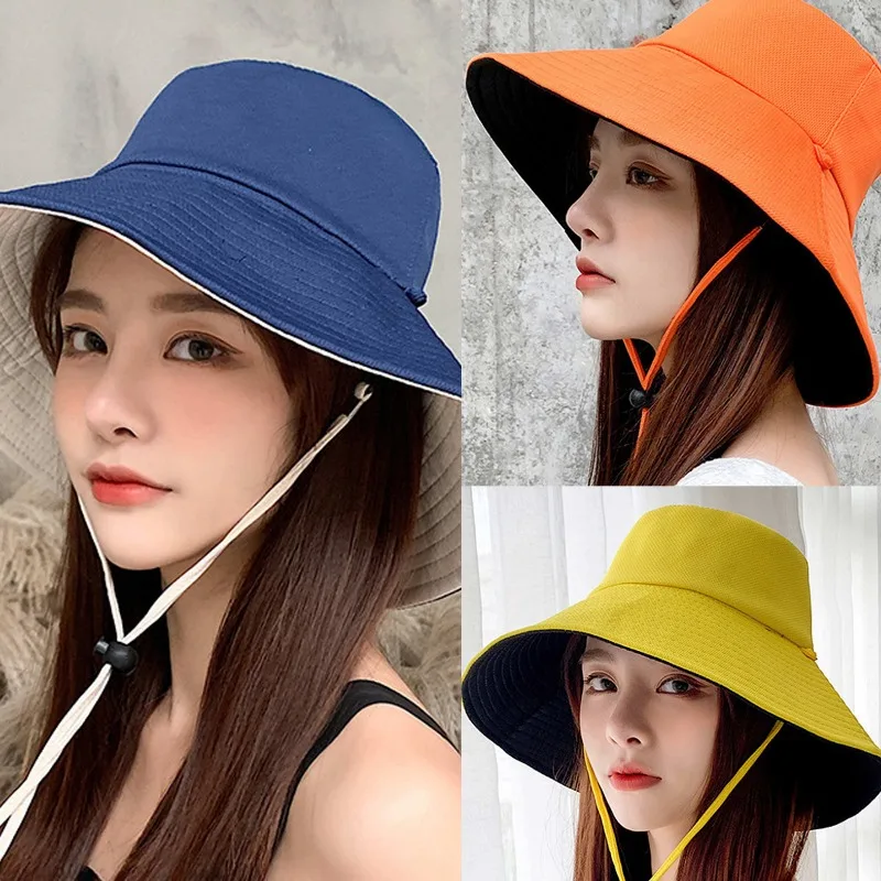 Double-sided Foldable Sunhats for Women Summer Panama Beach Fishing Shopping Bucket Caps Cotton Solid Color Drawstring Design