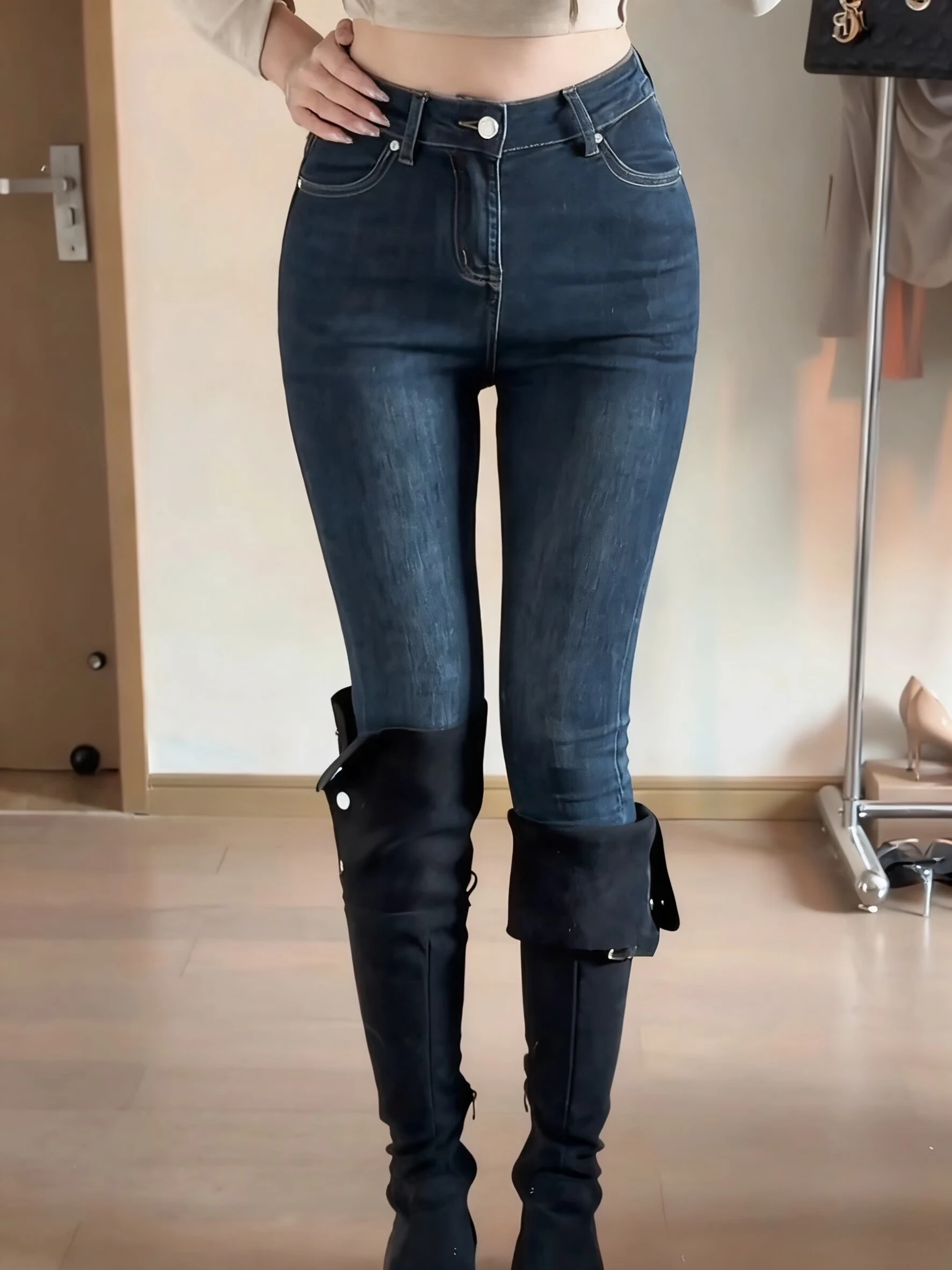 

High Waist Cotton Stretch Denim Pencil Pants with Built-In Hip Pad Waterdrop aped Butt Lifting Slimming S Curve Deep Blue f...