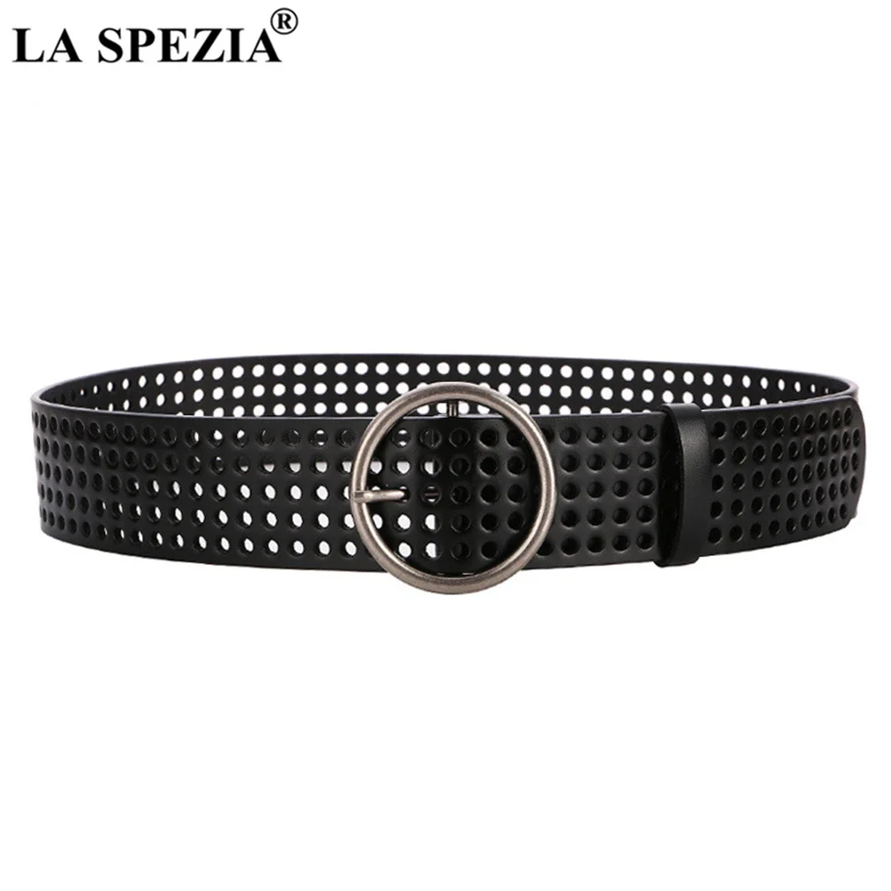 LA SPEZIA Red Ladies Belt for Dress Hollow Out Leather Wide Waist Belt Round Buckle Solid Black Fashion Women Belt Many Holes