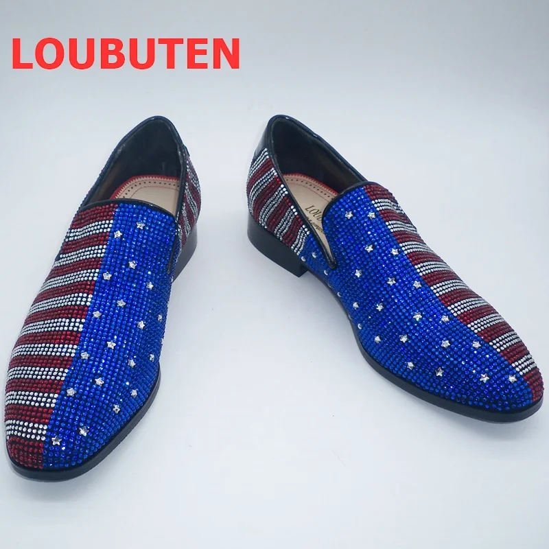 LOUBUTEN New Arrival Mixed Colors Rhinestone Loafers Dress Shoes Crystal Shoes Men Luxury Party Wedding Shoes