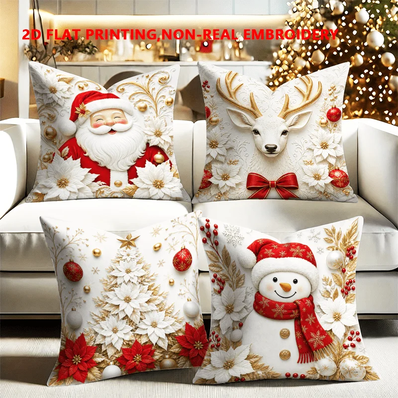 2D FLAT-4pc Christmas Holiday Throw Pillow Covers Sofa and living room decoration, single-sided printing, without pillow core