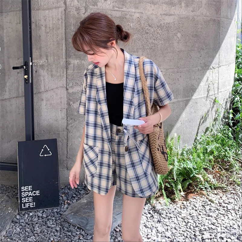 2025 NEW Women Sets Summer Thin Suit Coat +shorts Two-piece Set Korean Style Checkered Loose Jacket Fashionable Casual Suit