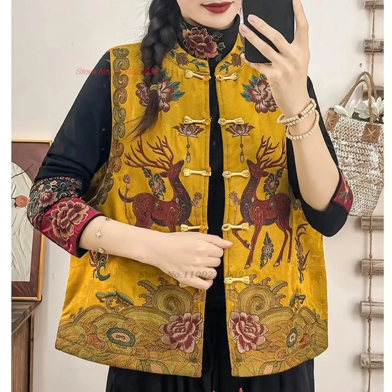 2025 الوطنية زهرة التطريز الساتان سترة جاكار الصينية التقليدية الوقوف طوق القطن مبطن سترة العرقية جاكيت بلا إكمام #3