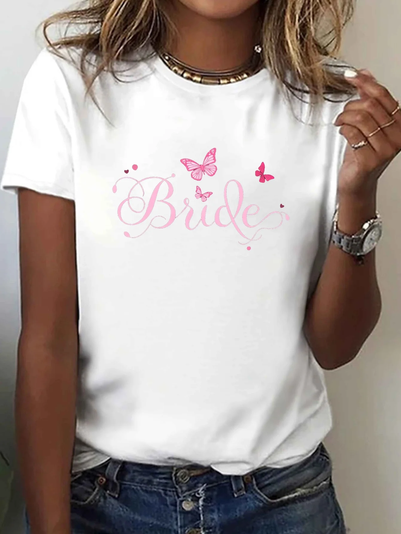 Women's Pink Bride Print T-Shirt - Short Sleeve Crew Neck Blouse-Compatible Wedding Outfit Summer Casual Blouse Style Suitable