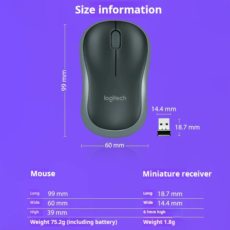 Logitech M186 Wireless Mouse Office Mouse Symmetrical Mouse Black Gray Edge With Wireless 2.4G Receiver