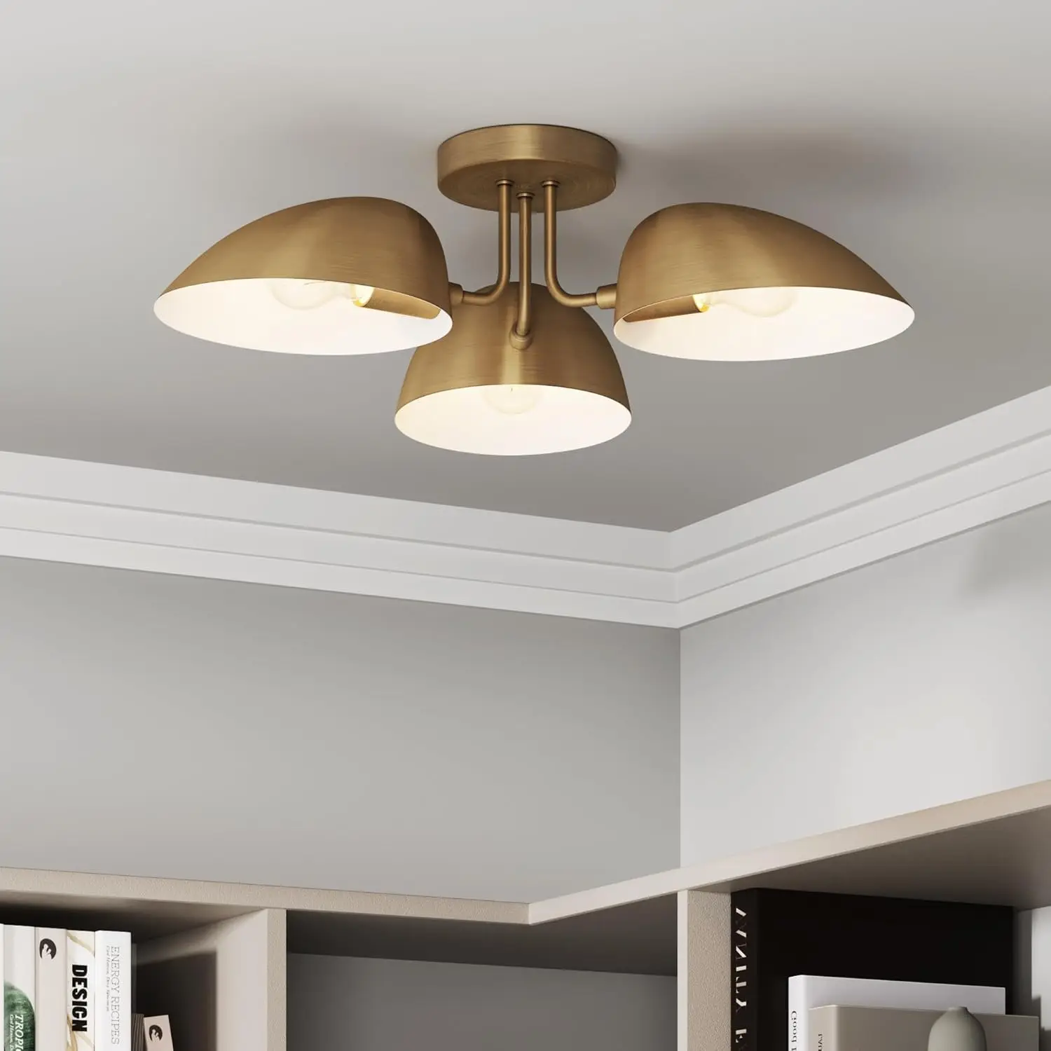 

3-Light Semi Flush Ceiling Light, Modern Retro with Black Rounded Shades for Hallway, Dining Room, Bedroom, Vintaged Brass