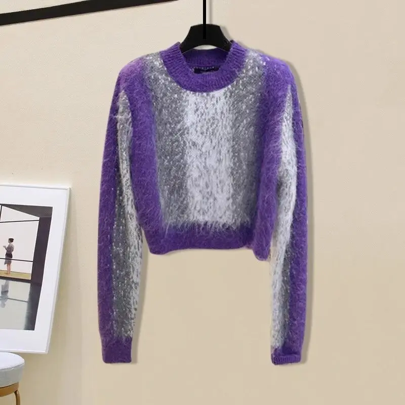 Korean Style Autumn Purple Knitted Sweater Pullover Casual Harun Pants Two Piece Elegant Women\'s Pants Set Street Set