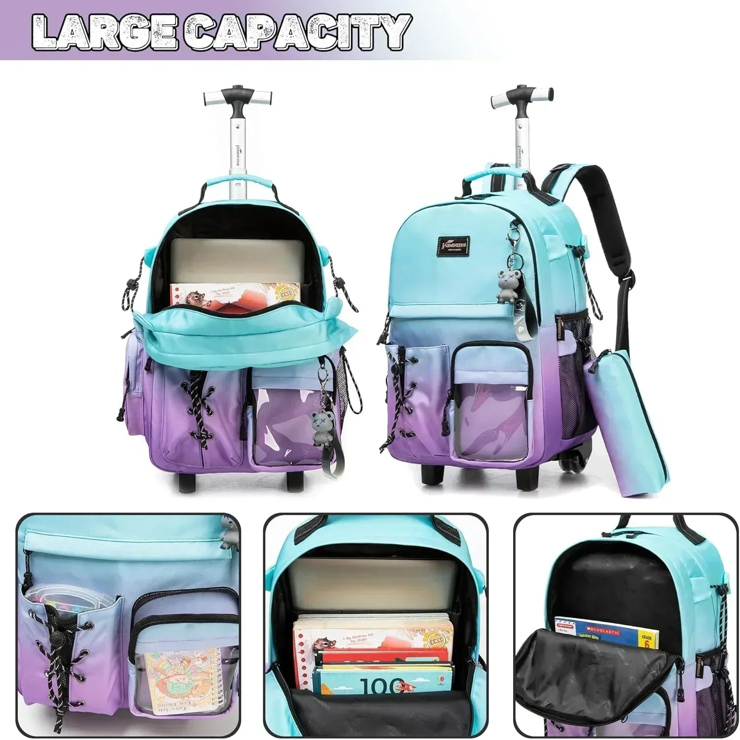 Conjunto de mochila escolar para meninas, crianças, bolsas com rodas para adolescentes, bolsa de viagem, carrinho escolar, bagagem de mão com rodas