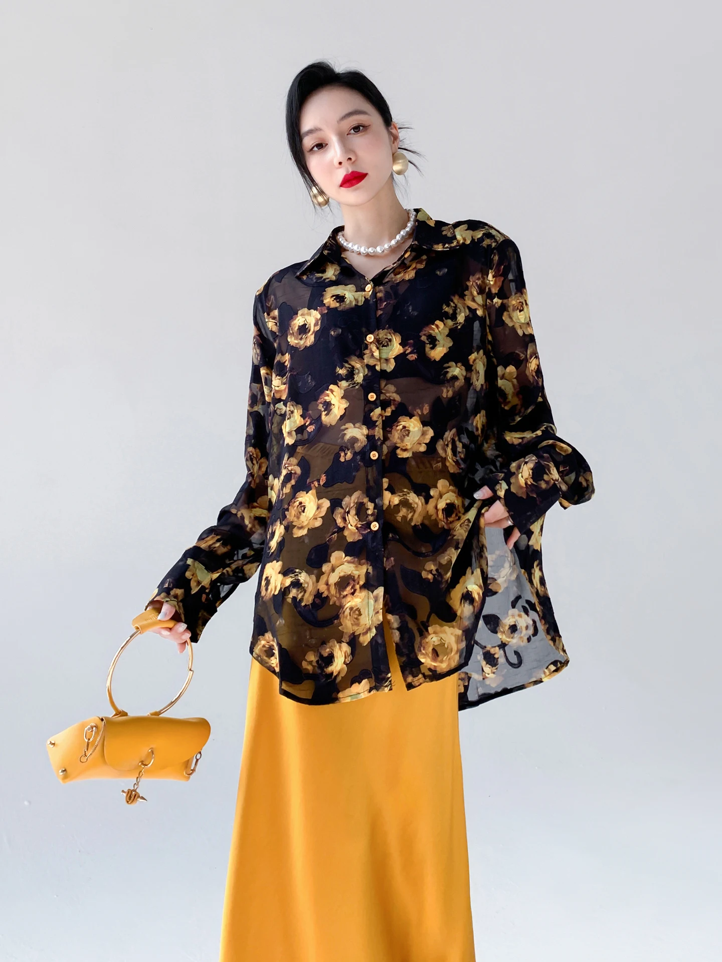 

Aksaya: Элегантная женская летняя блузка из тонкого шифона в гонконгском винтажном стиле, свободного кроя, с длинным рукавом, с принтом, дышащая и комфортная