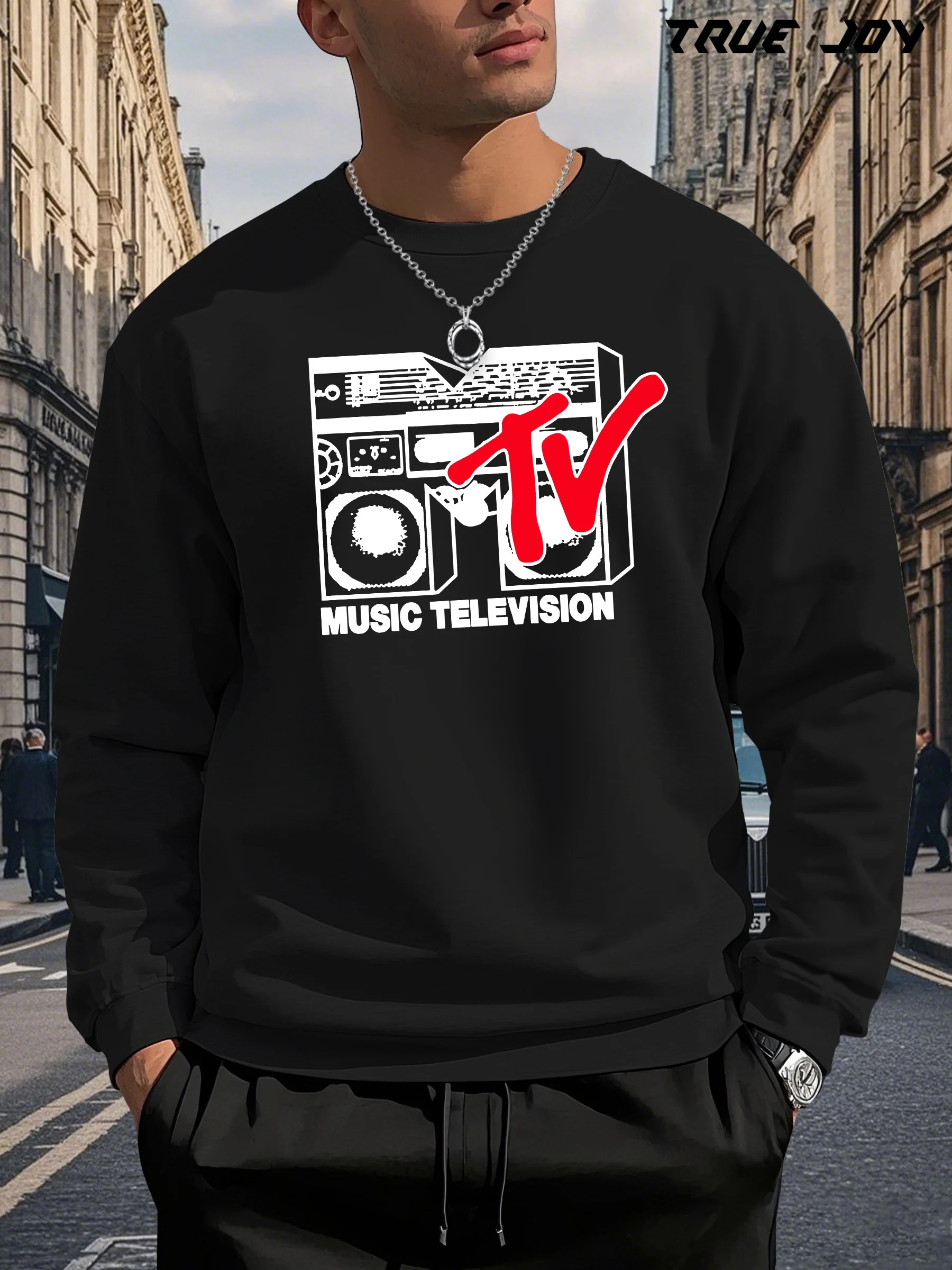 

Men's Vintage MTV Graphic Sweatshirt - Retro Boombox Design - Black with Red Accents - Loose Fit Casual