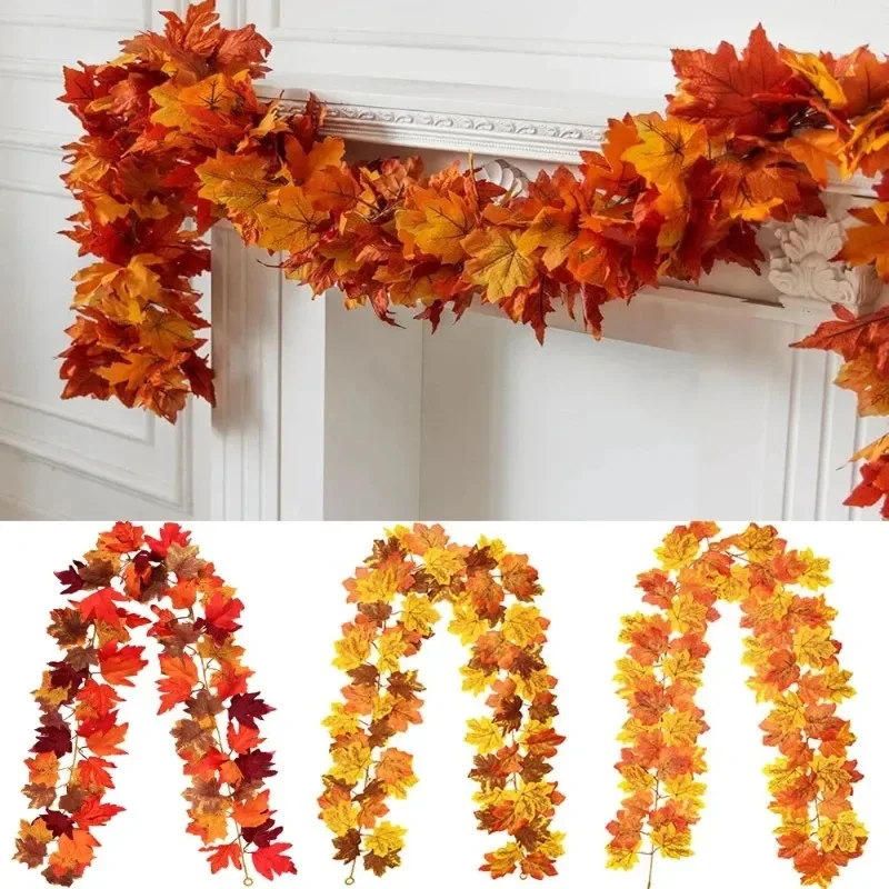 Fall Artificial Maple Leaf Garland Red Orange Hanging Vine Autumn Thanksgiving Decor For Front Door Wall Table Centerpiece