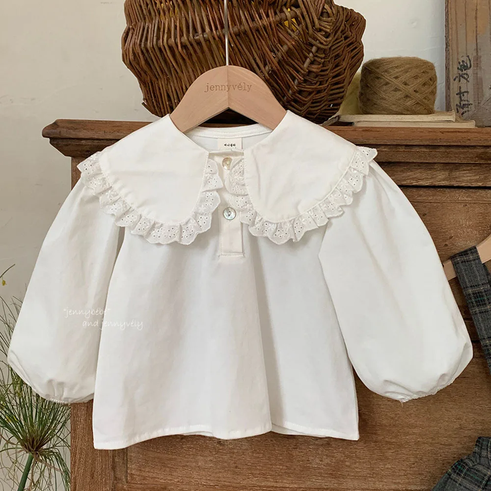 

1-6Yrs Girls White Cotton Blouse Sweet Lace Collar Princess Shirts Autumn Children Pullovers Korean Japan Kids Clothes