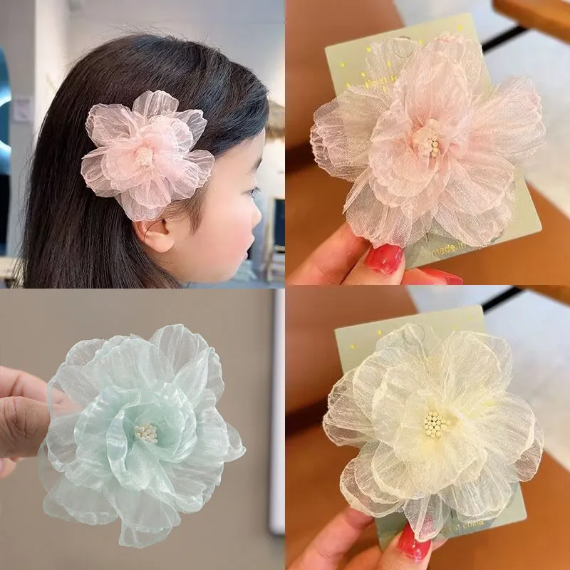 1PC 3.5 Inch New Children Organza Simulated Flowers Cute Hairgrips Girls Hairpins Kids Headwear Baby Hair Accessories