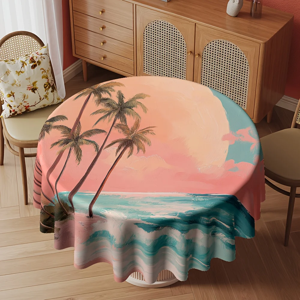 A Round Tablecloth Featuring a Tropical Beach Palm Trees Design Digitally Printed Measuring 60 Inches in Diameter