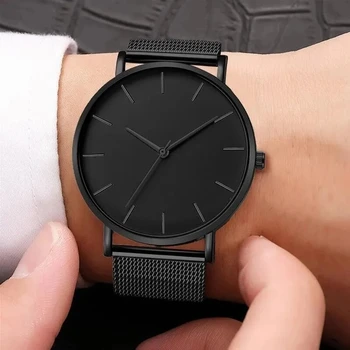 Mode Ultra mince créatif noir en acier inoxydable montres à Quartz hommes Simple mode affaires montre-bracelet horloge mâle Relogios