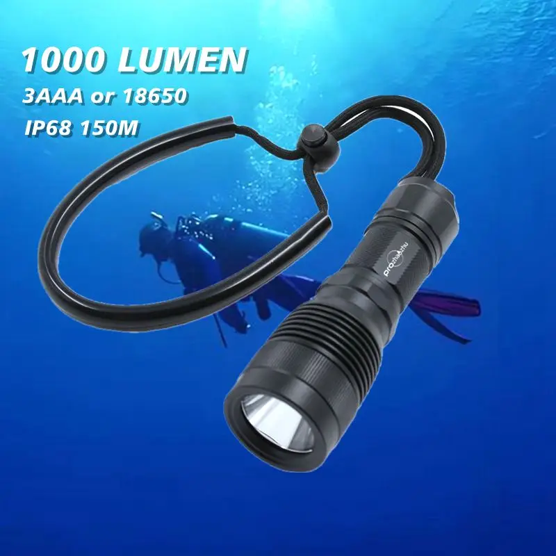 

Aluminum Alloy LED Diving Flashlight IP68 150M Head Rotate ON/OFF 1000 Lumen 3AAA 18650 Handheld Backup Dive Torch