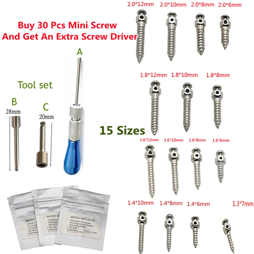 1Pc Dental Micro Implant Mini Screw Orthodontic Screwdriver Self Drilling Tool Stainless Steel Matching Dentistry 1.4/1.6/2.0mm