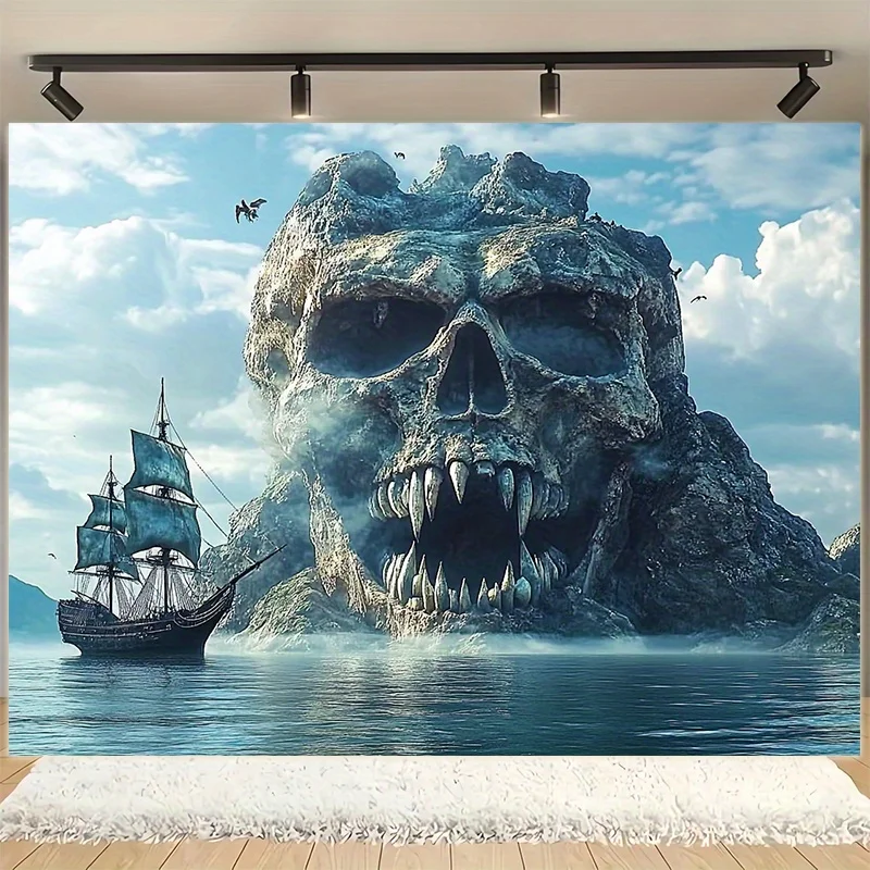 Skull Island Tapestry - Pirate Ship Fantasy Sea Wall Art, Horror Adventure Decor, Living Room Bedroom, Multiple Sizes