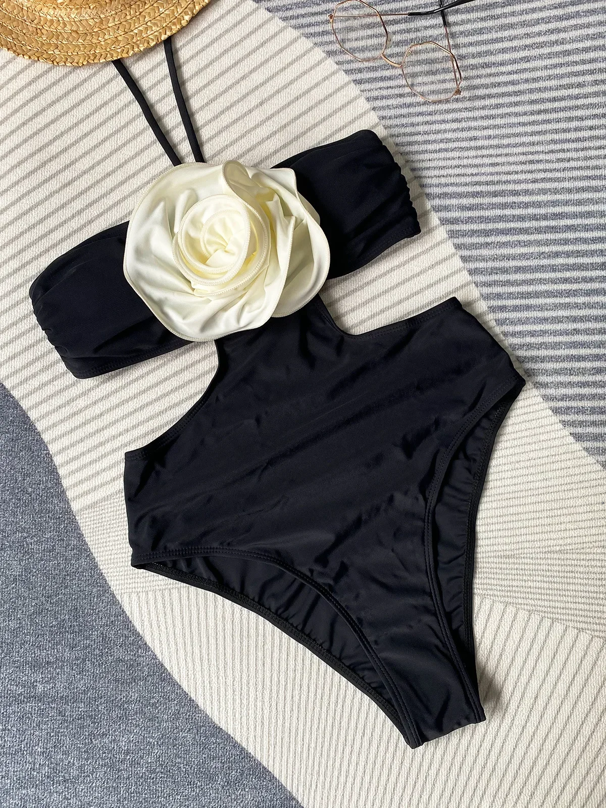 Sexy Flower Halter Balck Swimwears Women One Piece Cut Out Swimsuit High Cut Bathing Suit Monokini Swimming Suit Beach Swim Wear