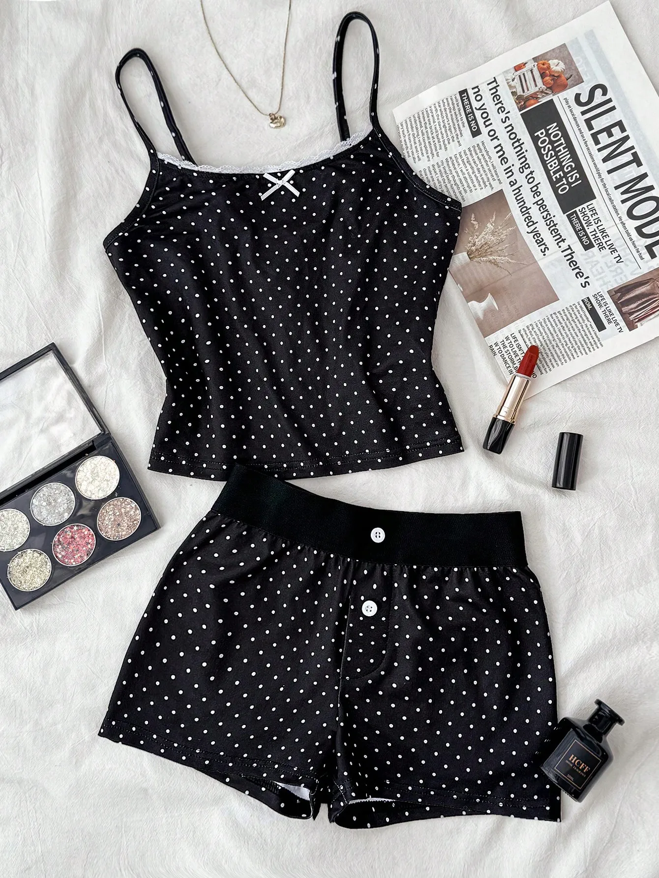 

Tween Girls Lace Trim Bow Pink And White Polka Dot Camisole And Super Short Pants Button Set, Co-Ord Outfit For Summer , Suitable For Home, Clean Girl Cute/ Style, Teenage Cherry Two Piece Set Set Girls Cami Set Cute Short Sets Tween Cherry Shorts Set Sle
