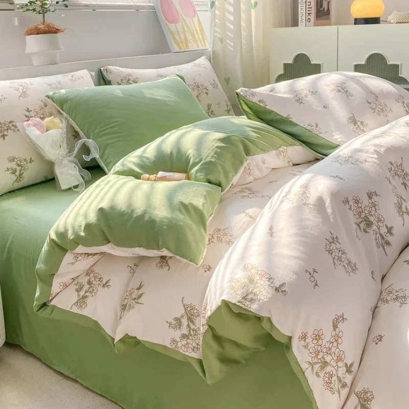 

Floral Bedding Set 100% Washed Cotton Bed Sheets Set Soft Duvet Cover Bed Linen Pillowcase Single Double Queen King 2024 Summer