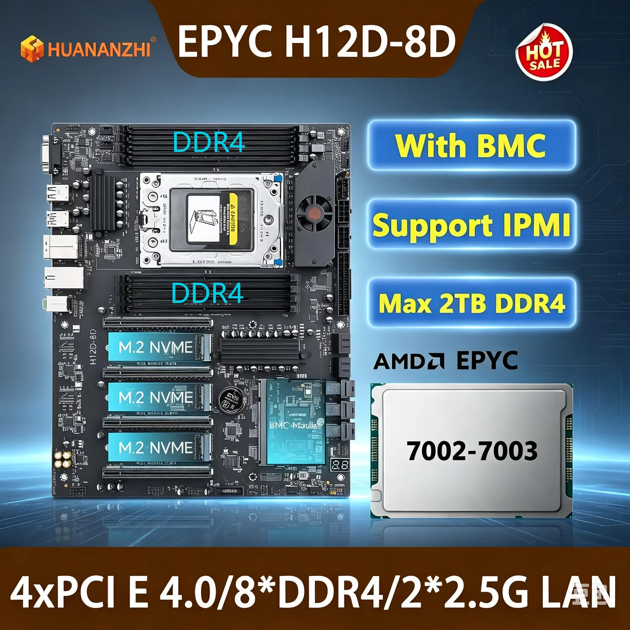 HUANANZHI H12D 8D Motherboard with AMD EPYC 7002 7003 Series CPU Support 8*DDR4 Max 2TB RAM Dual 2.5G Lan IPMI With BMC Module