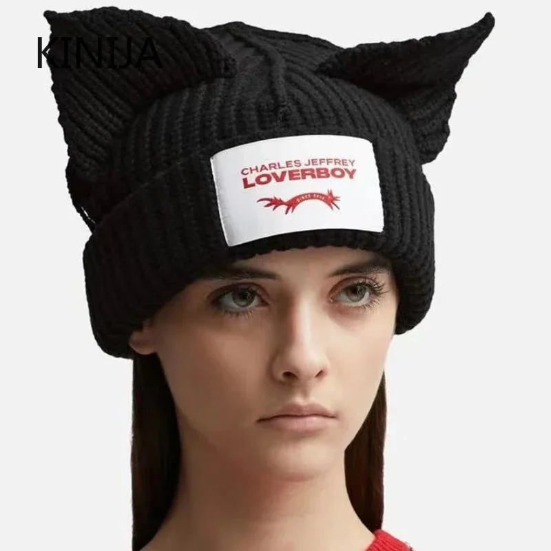 Winter Skullies Hat Unisex Cat Hip-hop Cap Ear Cold Warm Crochet Knitted Hat Costume Beanie Hat Women Christmas Gift