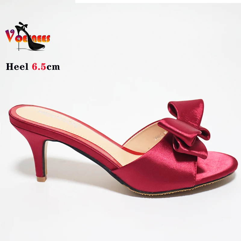 2024 Red Medium Summer Elegant Slippers Solid Color Bow Thin Heel Shoes Women Sandals New Fashion Silk Shallow Modern Slippers