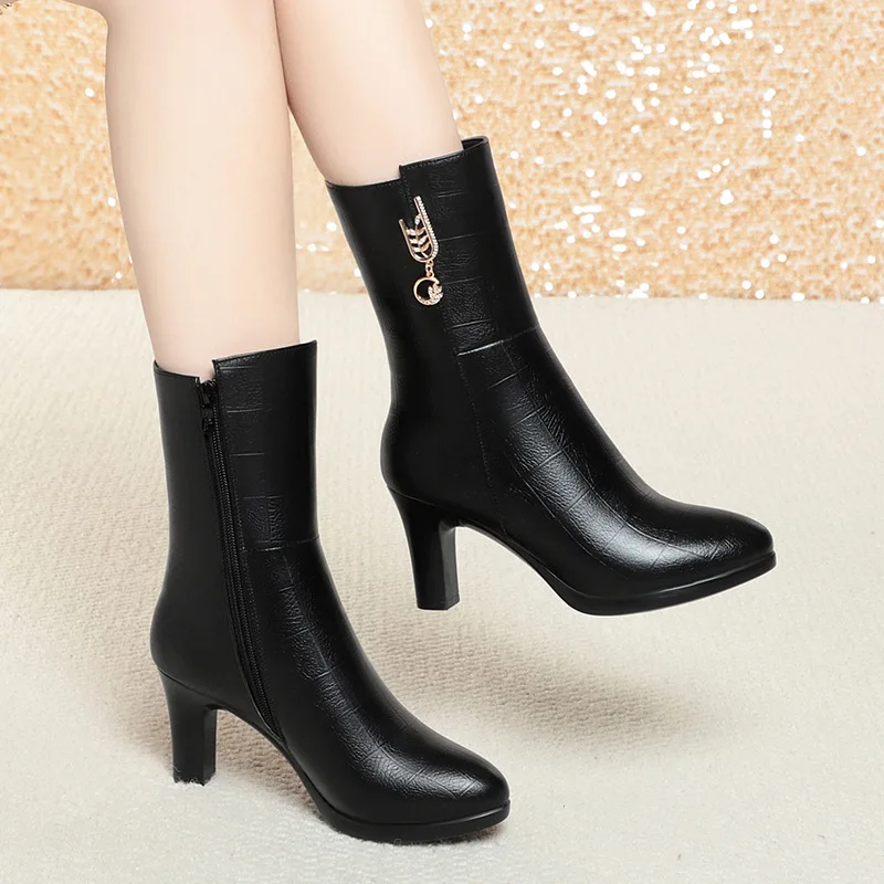 7.5 سنتيمتر 9 سنتيمتر كتلة أنيقة عالية الكعب الأحذية أحذية منصة شتاء 2026 المرأة الجلود الناعمة الدافئة الفراء منتصف العجل أفخم الأحذية مكتب #3