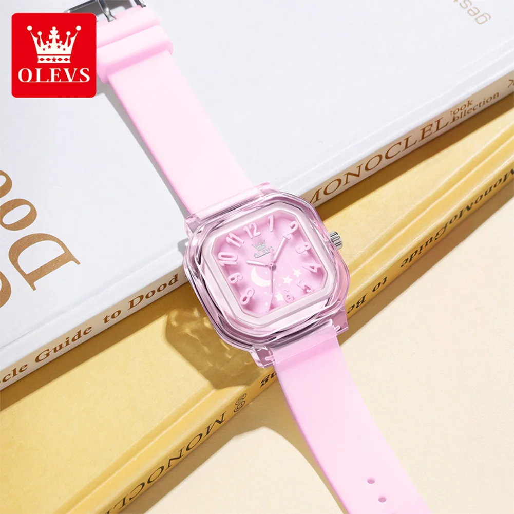 OLEVS Kids' Watches Pink Simple and Fun Original Quartz Watch for Student Transparent Case Silicone Strap Waterproof Luminous
